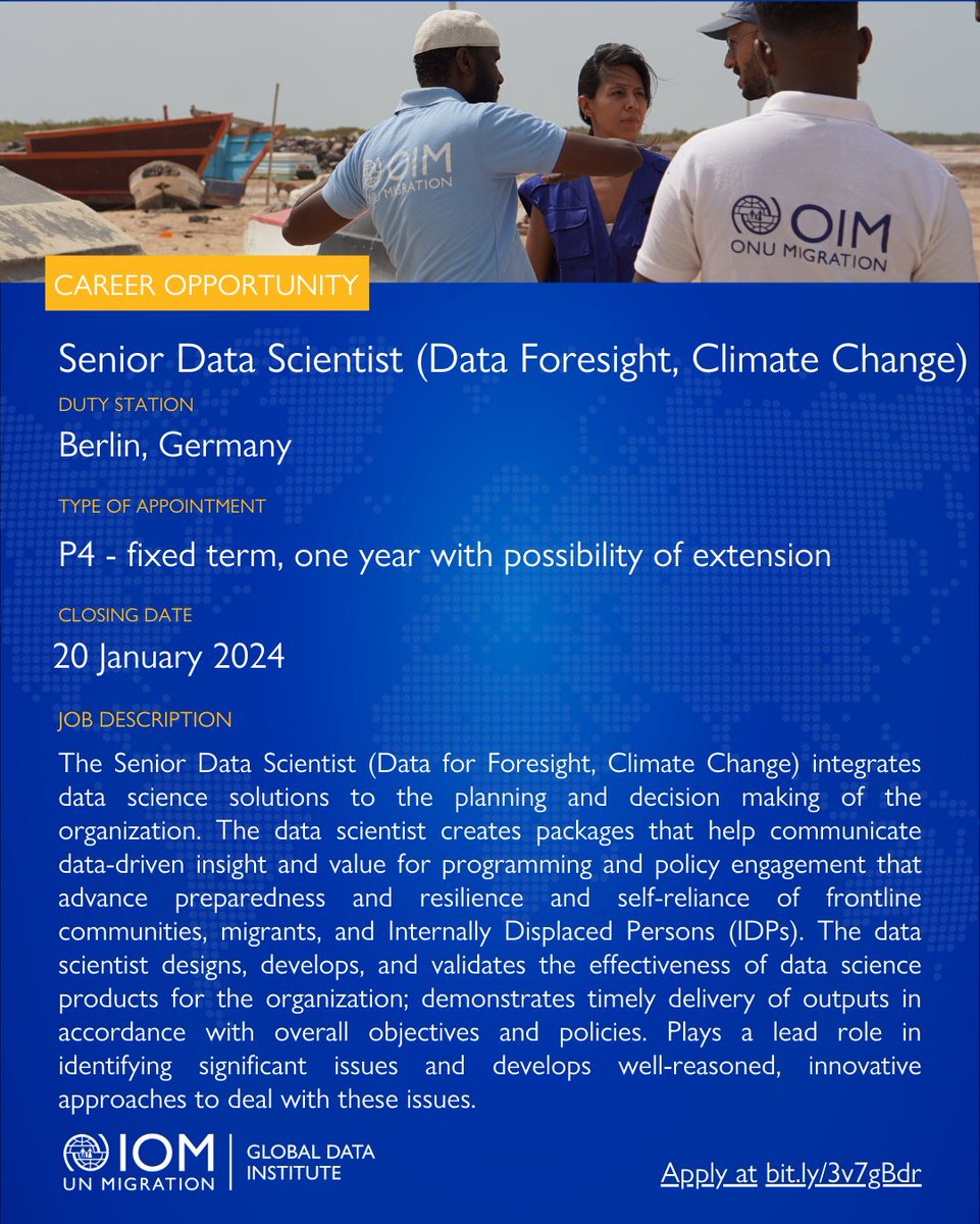 We're #hiring! Are you passionate about migration, foresight, and climate change? We are looking for an experienced professional to join our team! 📌 Position: Senior Data Scientist (Data Foresight, Climate Change) 📍 Duty station: Berlin, Germany 📆 Start Date: as soon as