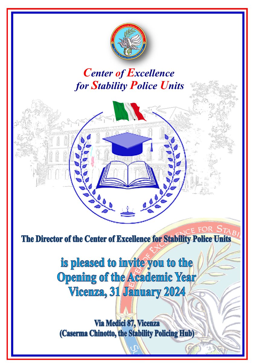 ⚠️40 days left❗️ #SaveTheDate, 31 Jan 2024, Opening of the #CoESPU’s Academic Year: 3 doctoral theses on #HumanSecurity, #CulturalHeritageProtection & #Weaponization of #Migration and Lectio Magistralis by Prof. Strazzari fm @SantAnnaPisa. Stay tuned! 
#StabilityPolicing4Peace