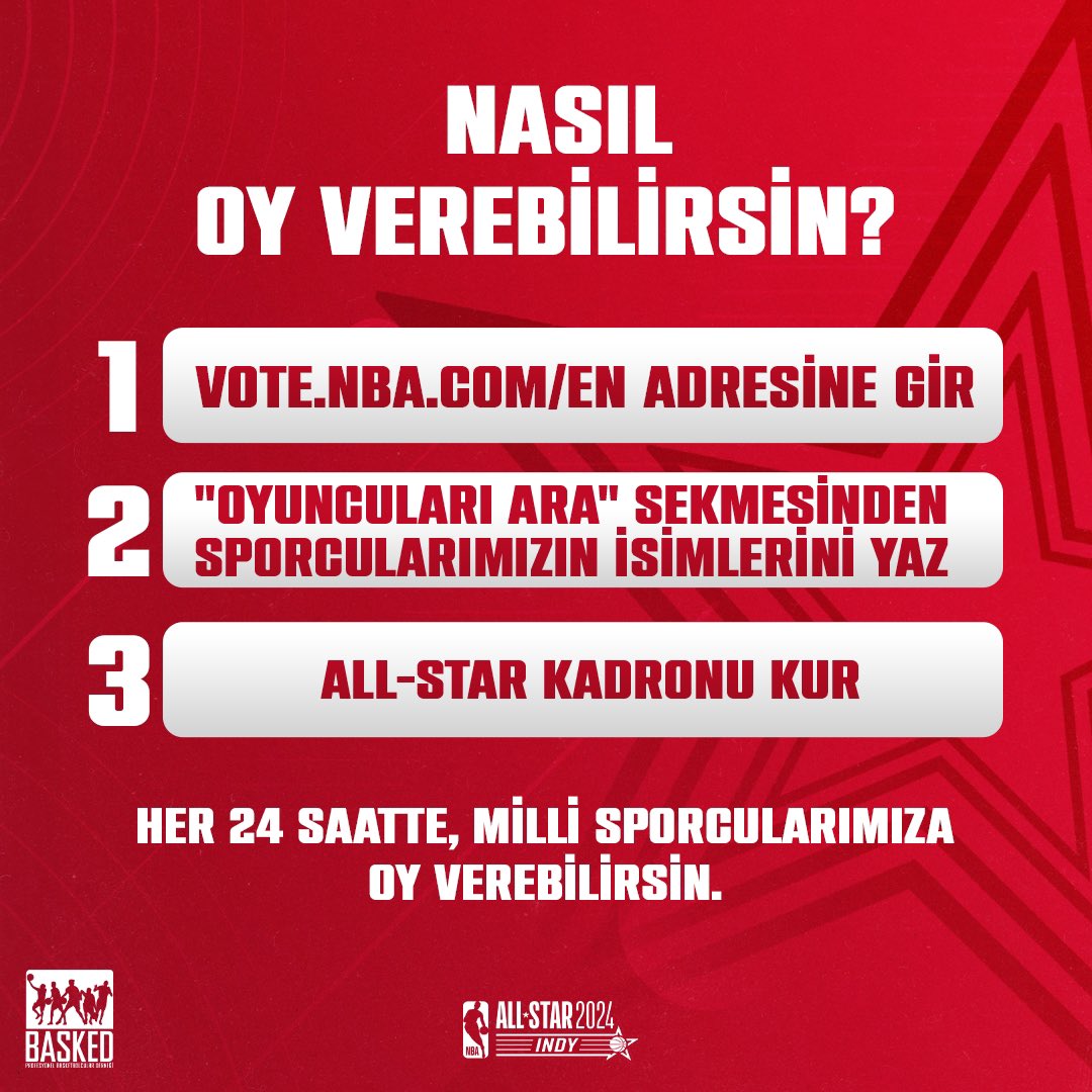 NBA All-Star oylaması başladı!🏀 NBA'de forma giyen temsilcilerimiz Alperen Şengün, Cedi Osman, Furkan Korkmaz, Onuralp Bitim ve Ömer Faruk Yurtseven için oy verebilirsin!🌟 Belirlenen günlerde kullanılacak oylar 𝟯 𝗼𝘆 sayılacak! 🗓️ 25 Aralık, 1 Ocak, 5 Ocak, 12 Ocak, 15…