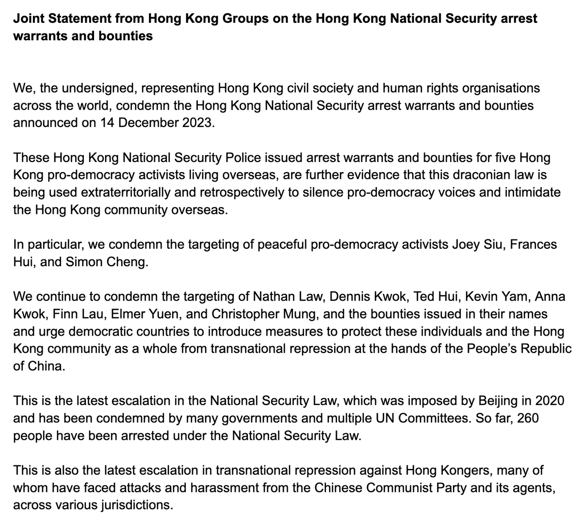 HKDC joins 79 #HongKong groups & allies in condemning the national security arrest warrants & bounties for 5 overseas HKers as well as the previous ones against 8 in July. We urge governments to protect the rights & freedoms of HK activists in exile. static1.squarespace.com/static/58ecfa8…
