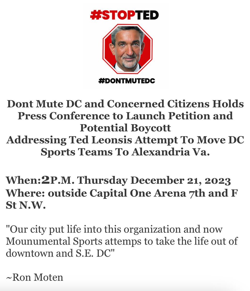 Ron Moten and others in @_DontMuteDC movement are pushing back on Ted Leonsis' decision to move the Caps/Wiz They argue plans to move the Mystics out of the ESA 'leaves behind a despicable trail of broken promises to Southeast DC.' They've got a petition: change.org/p/stopted-leon…