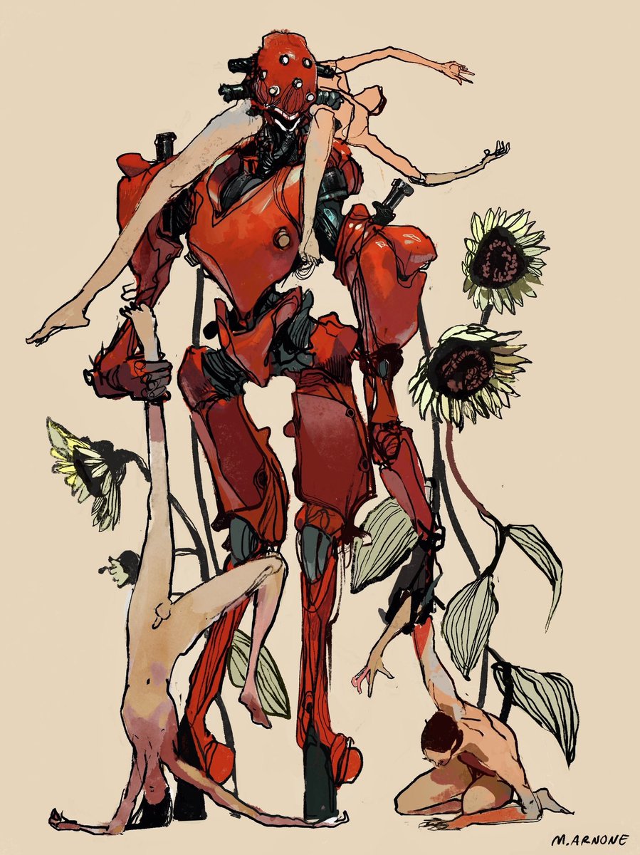 Robot, sunflowers