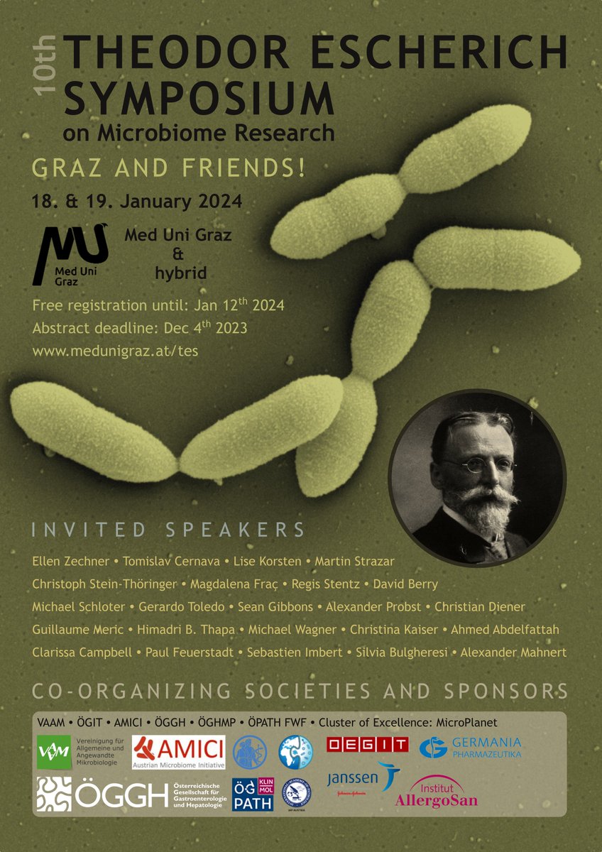 👇Isn't this flyer a beauty? Amazing Polona (labmanager + team designer) created it - of course with some #archaea! Don't miss the registration (for free) for the #microbiome Theodor Escherich Symposium #TES24 in Graz! Hybrid, amazing speaker line-up: check out the webpage!