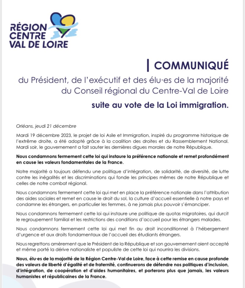 #LoiImmigration En ce jour de session <a href="/RCValdeLoire/">Région Centre-Val de Loire</a> avec les élu.es de la majorité, nous condamnons fermement cette loi qui remet en cause les valeurs fondamentales de la France. 
Nous continuerons de défendre avec force nos politiques humanistes et solidaires !