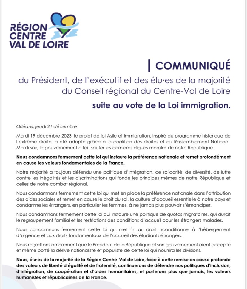 #LoiImmigration En ce jour de session @RCValdeLoire avec les élu.es de la majorité, nous condamnons fermement cette loi qui remet en cause les valeurs fondamentales de la France. Nous continuerons de défendre avec force nos politiques humanistes et solidaires !