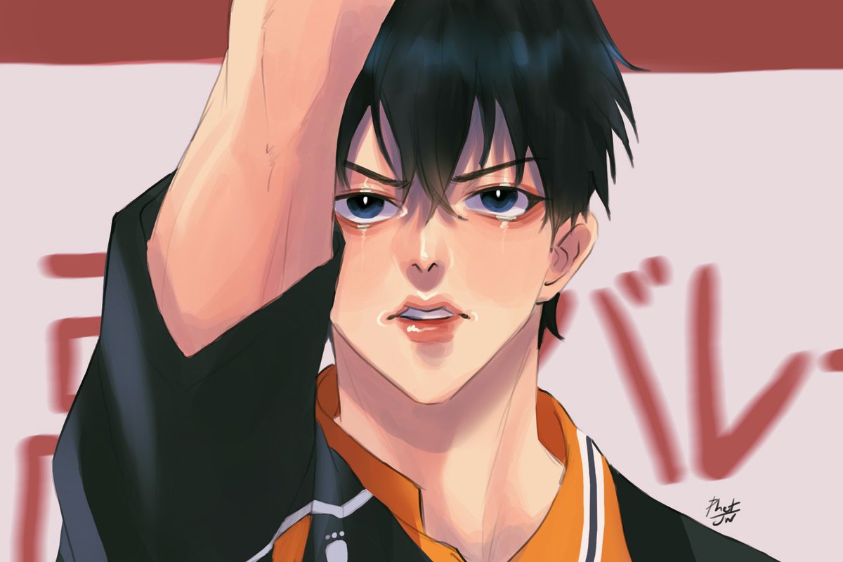 1boy male focus black hair solo tears volleyball uniform looking at viewer  illustration images