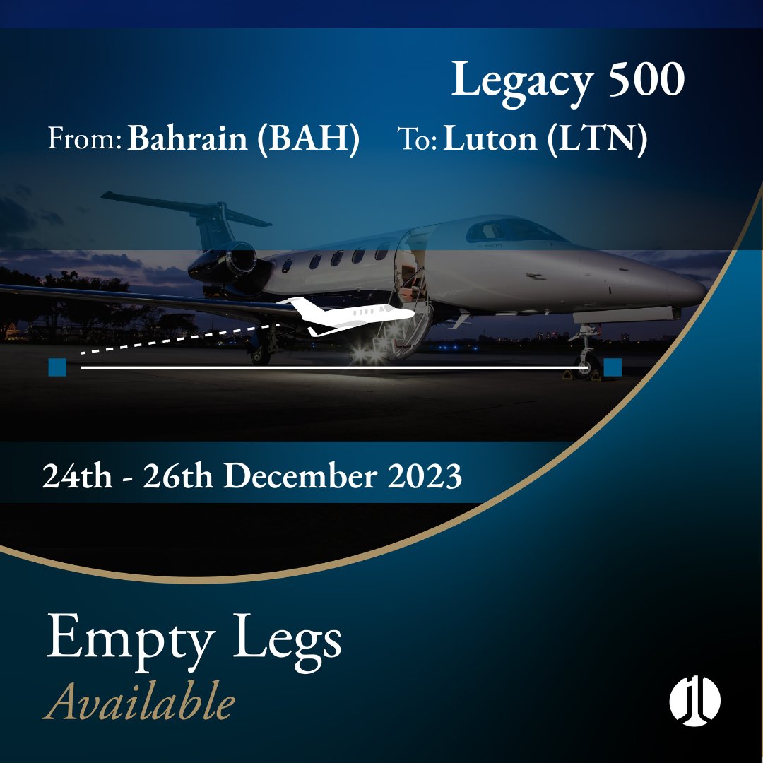 jetlogic's tweet image. EMPTY LEG ALERT. #Bahrain &amp;gt;&amp;gt;&amp;gt; #Luton. 24th - 26th December 2023. 8 pax. 

Contact @jetlogic to discuss your charter requirements. 

&amp;gt; +44 131 478 0802
&amp;gt; jlcharter@jetlogic.com

#FlyJetlogic #EmptyLeg #PrivateJet