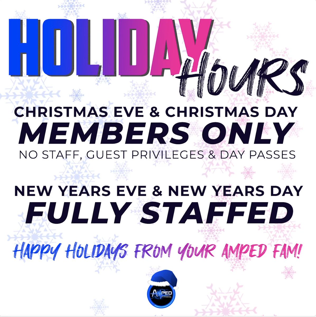 HOLIDAY HOURS! 🎄

As always, we will be open for 24/7 member-only access through OpenPath. If you visit over the weekend, make sure to tag us in your post-sweat sesh pics! 📸 #XMASATAMPED

Happy Holidays! See you soon!