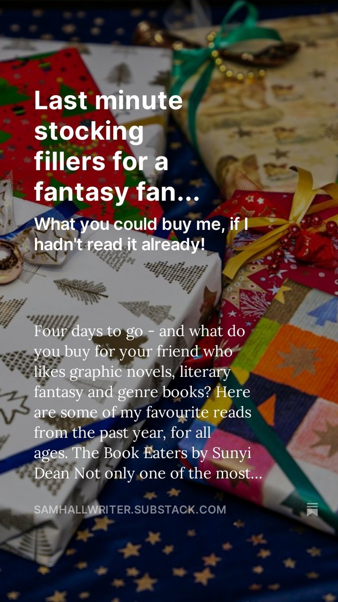 If you're panicking because you need to buy a last minute book gift - then here are a few recommendations. #bookgifts #booklists
samhallwriter.substack.com/p/last-minute-…