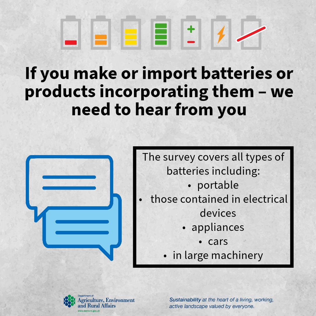 🔋The EU Batteries Regulation will start to apply in NI from 18 Feb 2024 💻DAERA are encouraging businesses which manufacture, import or sell batteries to take part in a survey to learn more about how the Regulation will impact on NI traders 🔗More at consultations2.nidirect.gov.uk/daera/northern…
