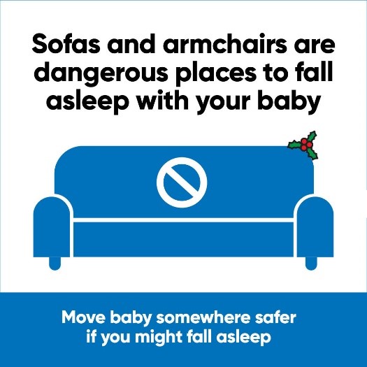 Sofas and armchairs are dangerous places to fall asleep with your baby – move baby somewhere safer if you might fall asleep. Find out more ▶️ tinyurl.com/4suzue9d #HoHoCoSleepSafely #12DaysOfSafeBabySleep