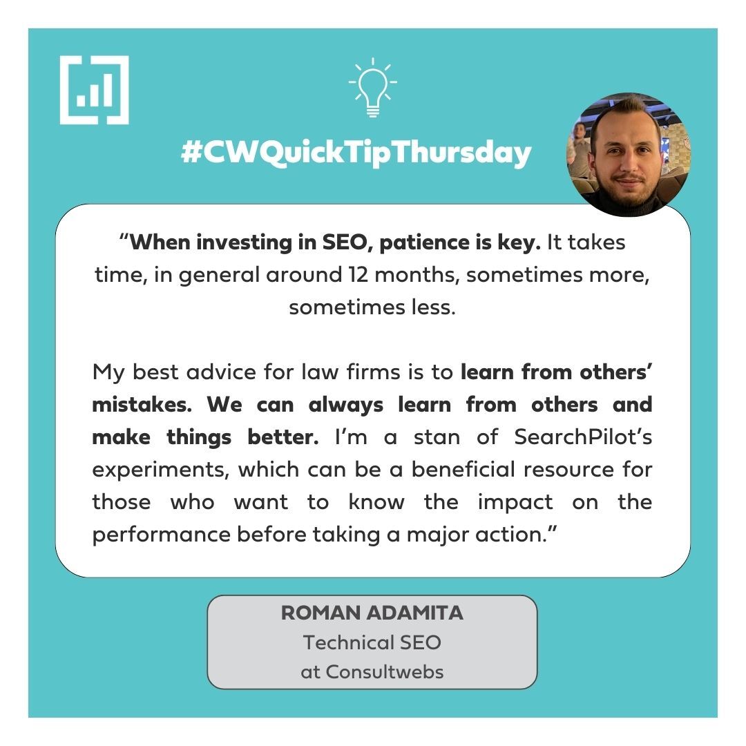 Roman Adamita drops golden advice for law firms diving into the world of search optimization. Learn the power of patience and the invaluable lessons from others' experiences. 😎

Reach out today for personalized SEO services tailored to law firms.

#Consultwebs #SEO...