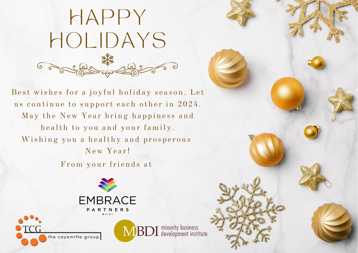 From all of us, we extend our heartfelt wishes for a safe and joyful holiday season.
#MBE #SupplierDiversity #SDVOB #NYSMWBE #smallbiz #MWBE #Diversity #MinorityOwned #Diversesupplier #businessdiversity