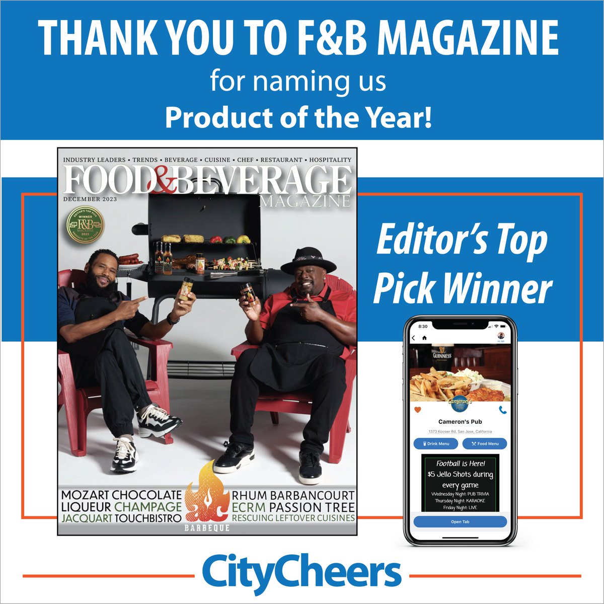 Thank you to Food & Beverage Magazine for naming CityCheers Product of the Year!

Take a look at the magazine article here:
issuu.com/foodandbeverag…

#customerservice #food #restaurant #tech #editorspicks