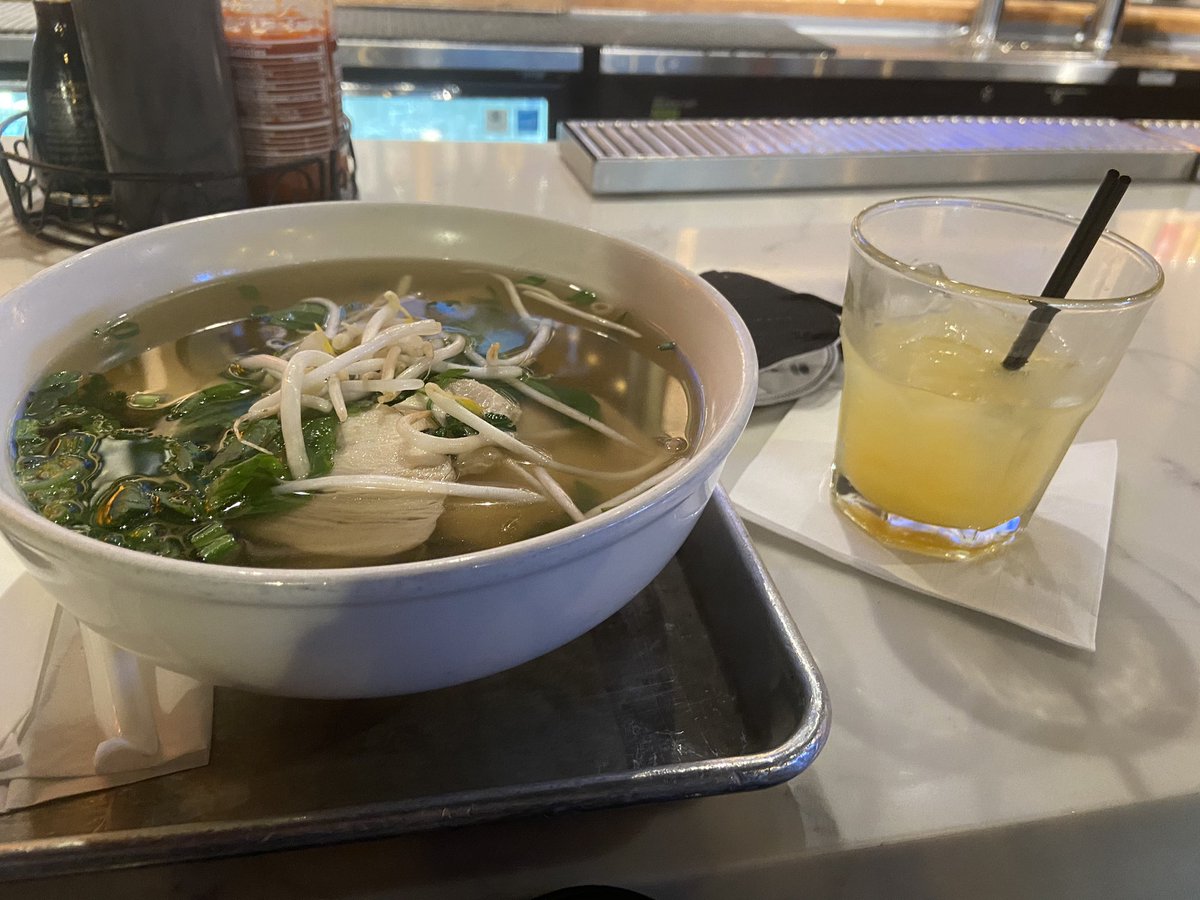 Chicken pho and a screwdriver - airport breakfast of champions during a fog delay