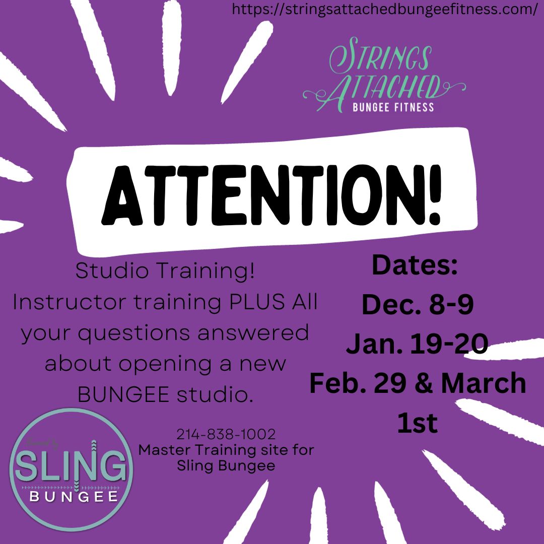 ATTENTION! We are hosting a Studio Training Class where you can learn how to open your own Sling Bungee Fitness Studio. #Sustainablefitness #bungee #bungeefitness #fitness #health #bungeeworkout #lowimpact #lowimpactworkout #hiit