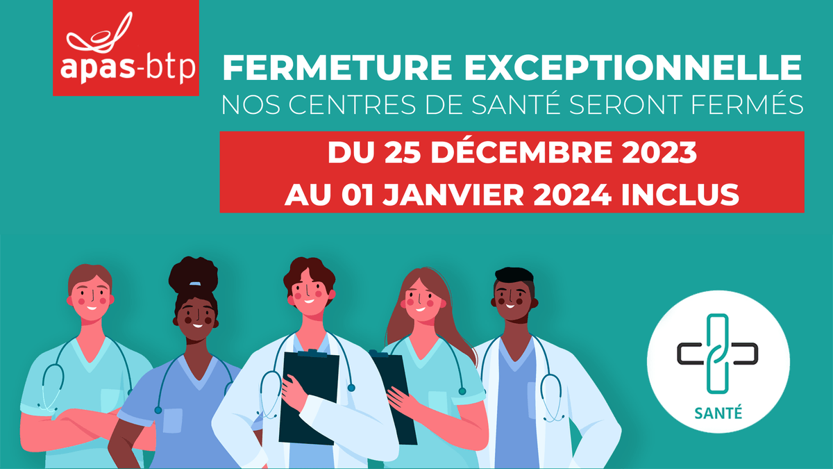 🟩 Nos centres de santé seront fermés du 25 décembre 2023 au 1 janvier 2024 inclus.

📆 Réouverture le mardi 2 janvier 2024 à 8h00.

Prenez votre RDV Santé pour la nouvelle année 2024 ➡️ bit.ly/rdvsanteapasbtp

#APASBTP#APASsanté#CentreDeSanté