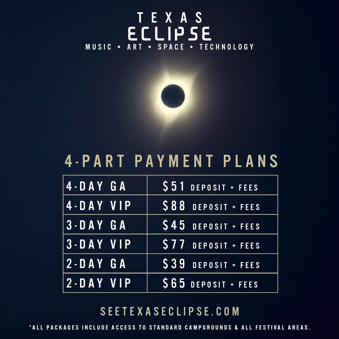 texas_eclipse's tweet photo. Today December 21st, the earth tilts the furthest from the sun causing the longest night. On April 8th, the moon will perfectly block the sun causing temporary night. As we gather to witness such a rare cosmic occurrence, we will celebrate humanity through music, discussion & interactive experiences 🧘‍♀️🔭    

Ticket & camping packages are on-sale now! All tickets include access to standard camping & the full festival area, with add ons available to customize your experience ✨ Payment plan deposits remain as low as $39 until Friday at midnight: https://t.co/YuTAwsXDPU