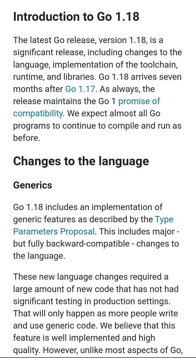 in《Go 1.18 Release Notes》,changes  to the language,Generics is first to be mentioned.