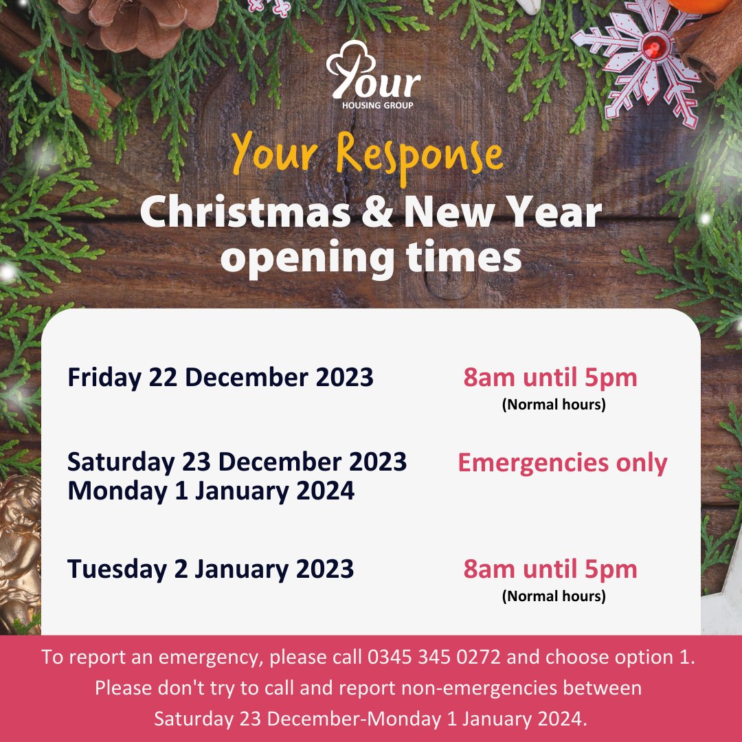 Please note our opening hours during Christmas & New Year. You can still report emergencies 24/7 which relate to serious safety risks to you or your home, including no heating or hot water, being unable to secure your home, or being locked out! Thanks for your understanding 🛠️