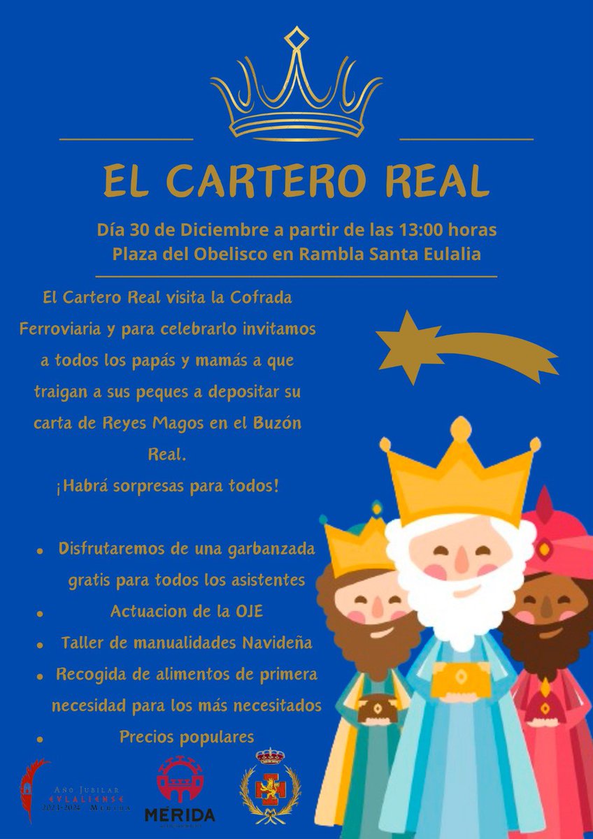 🚨COMUNICADO OFICIAL🚨

Sus Majestades los Reyes Magos de Oriente, nos  acaban de confirmar el envío de un Cartero Real, que visitará a la Cofradia Ferroviaria el próximo Sábado día 30 de Diciembre para que los niños de Mérida puedan depositar sus cartas en el Buzón Real ✉️📫.