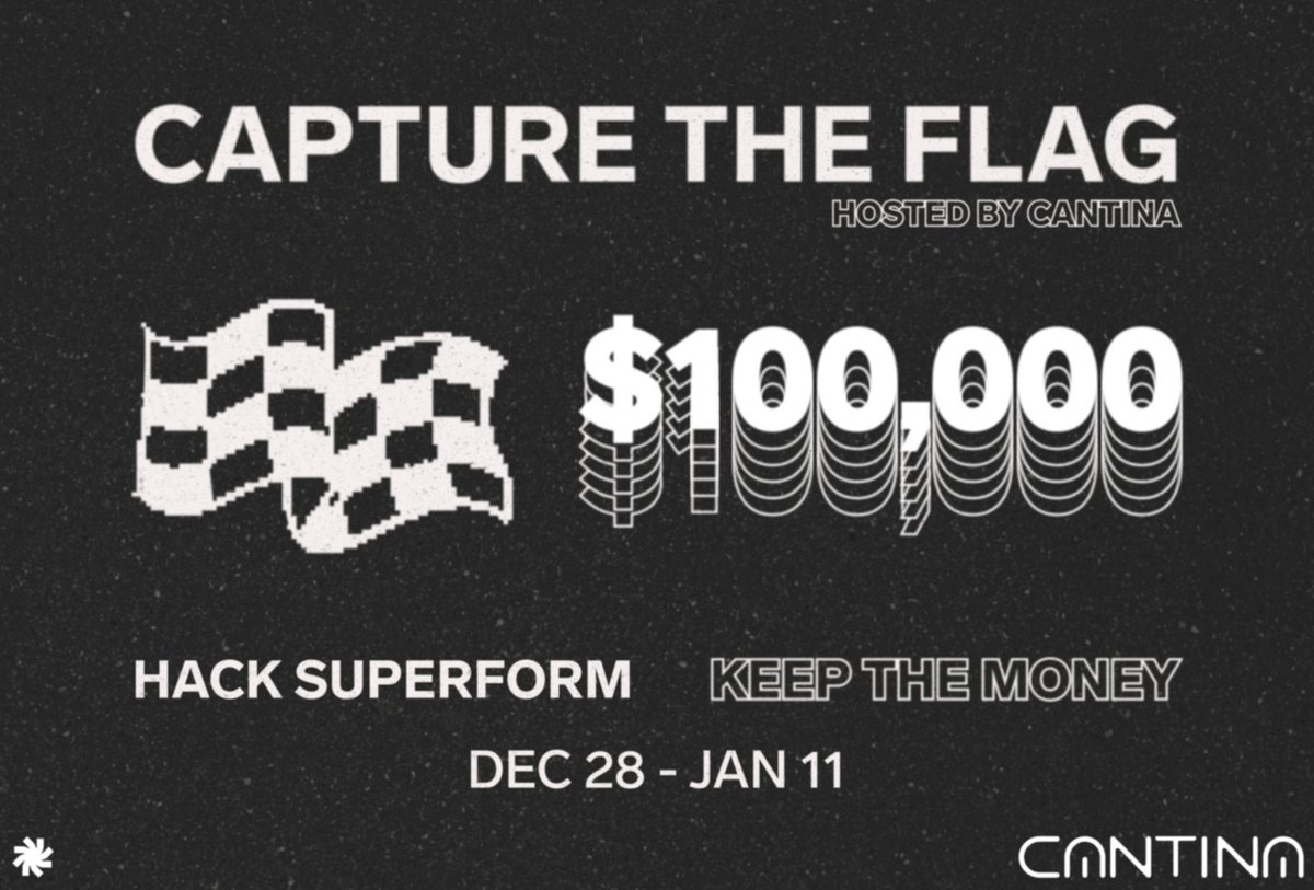 cantinaxyz's tweet image. Introducing the @superformxyz CTF hosted by Cantina.
$100,000 on the line.
No judges. No questions. Just you and the dark forest.
Participants will need a cantina invite code 🪐
(Don't have one? Retweet and mention @CantinaBouncer for access)