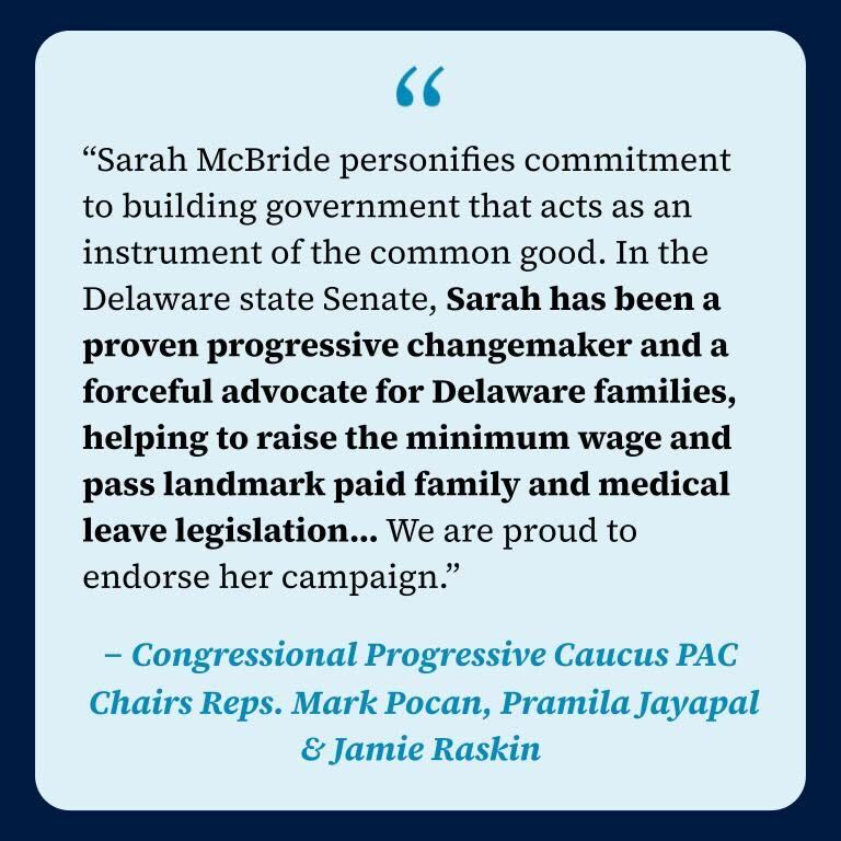 Honored to have the support of @USProgressives in my race for Congress. Their fight for universal health care and building an economy that works for all of us is our fight. In Delaware, we delivered bold policy by building bridges across our state and that's what I'll do in DC.