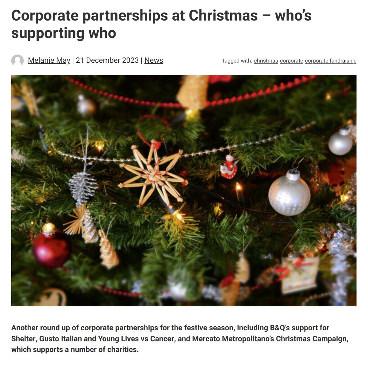 A festive round-up of corporate partnerships from @ukfundraising 🧑‍🎄 @BandQ Christmas tree sales to benefit @Shelter 🎄 @greeneking recycling campaign to support @macmillancancer ♻️ Cardiff business owners transform vans into ‘sleighs’ for Christmas charity collections 🛷