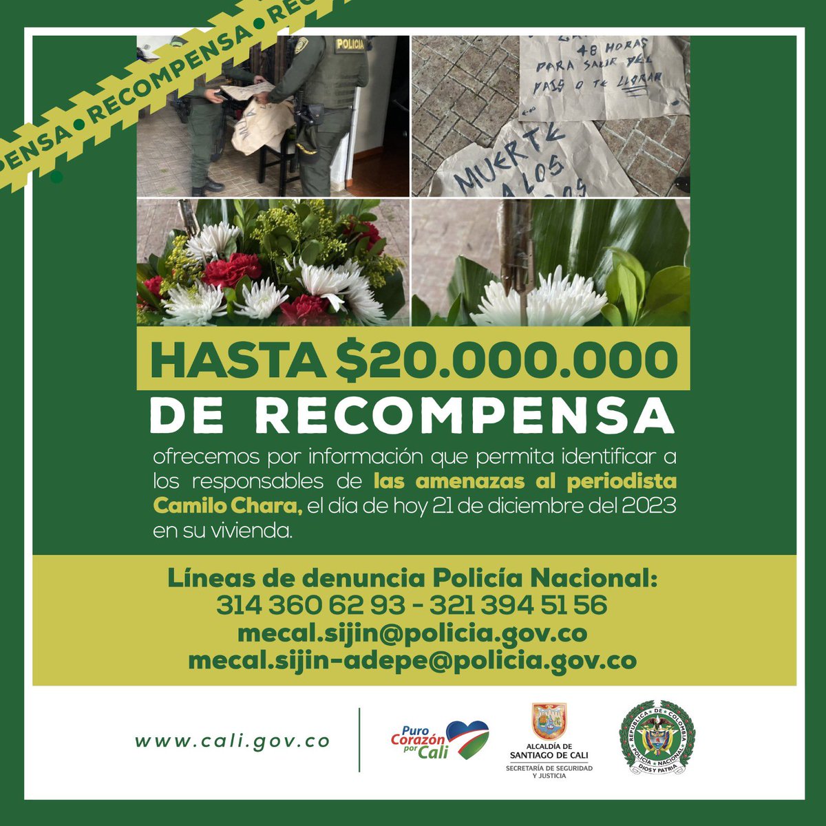 ¡No podemos permitir este tipo de actos!

Ante las amenazas dejadas junto a la puerta de la vivienda del periodista <a href="/soycamilochara/">Camilo Chará Guevara</a>, 🚨 ofrecemos recompensa de hasta $20 millones de pesos por información que permita identificar a los responsables de este delito.