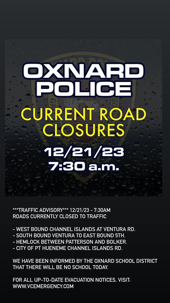 OxnardPolice's tweet image. Current road closures - 7:30am