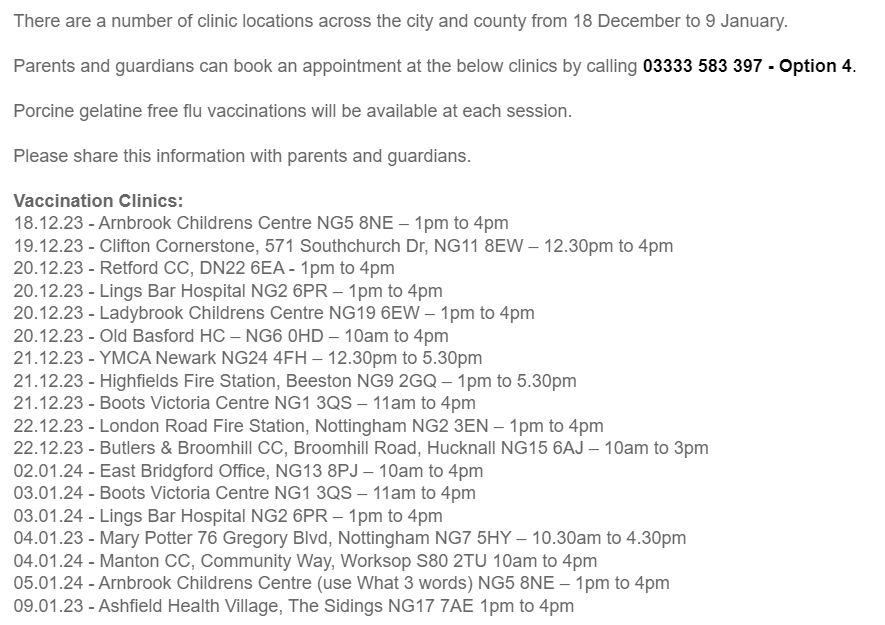 Mop up children's flu vaccination clinics are taking place over the Christmas holidays. For reception aged children through to Year 11 as well as home-schooled and other children not in mainstream education who are eligible @SouthNottsPBP @NHSNottsCounty @NHSNotts