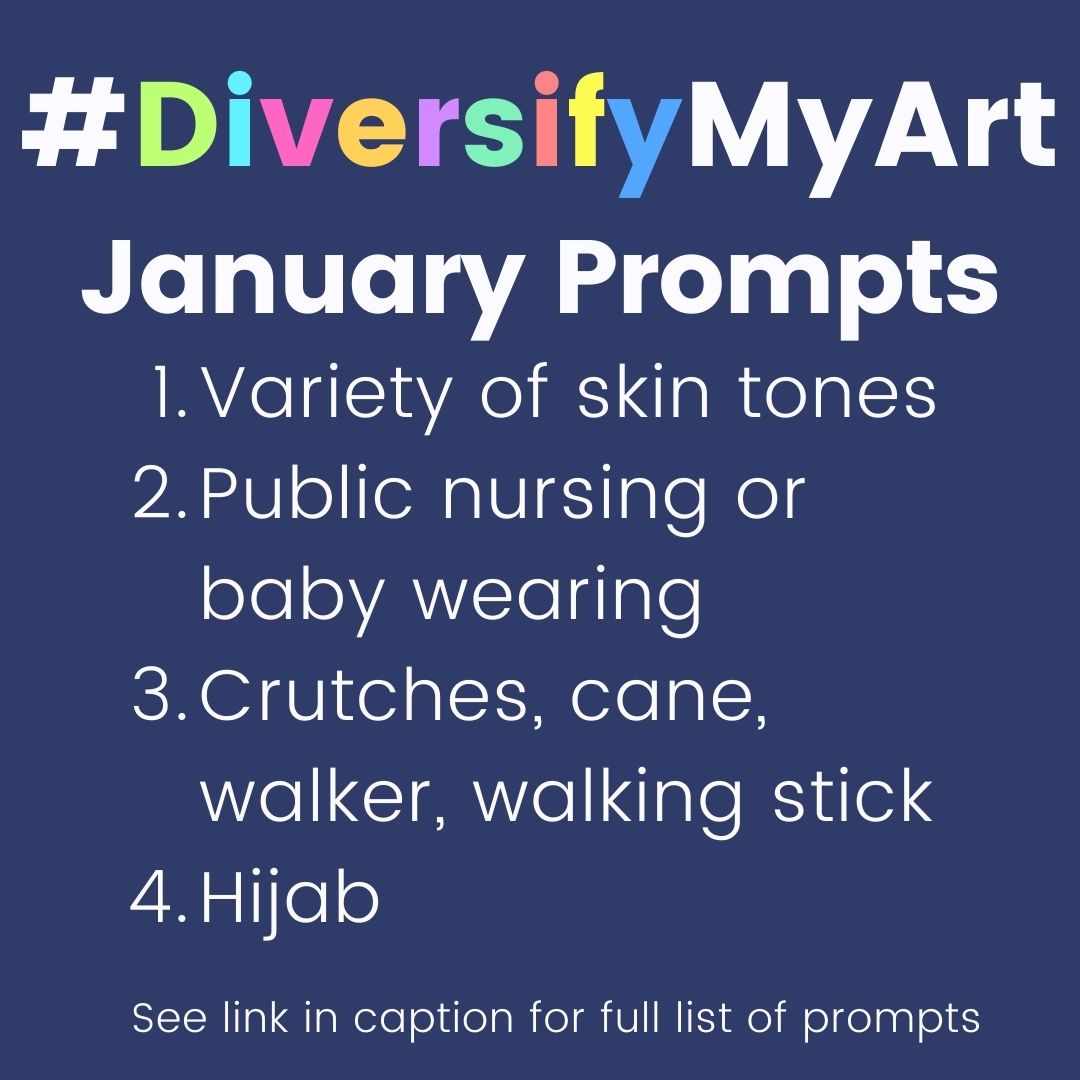 New art challenge starting in January! #DiversifyMyArt: increasing representation of diversity in illustration. Join us! Full prompt list and guidelines at: larissaelliottbooks.wordpress.com/diversifymyart/