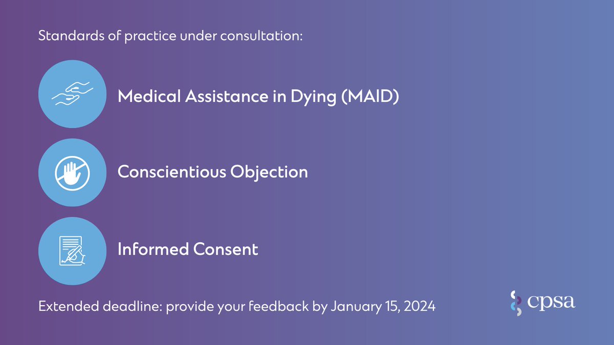 The deadline to share your thoughts on three CPSA standards of practice has been extended to Jan. 15, 2024. CPSA members, partner organizations, other healthcare professionals and Albertans are invited to provide their feedback: bit.ly/3TnuGh8