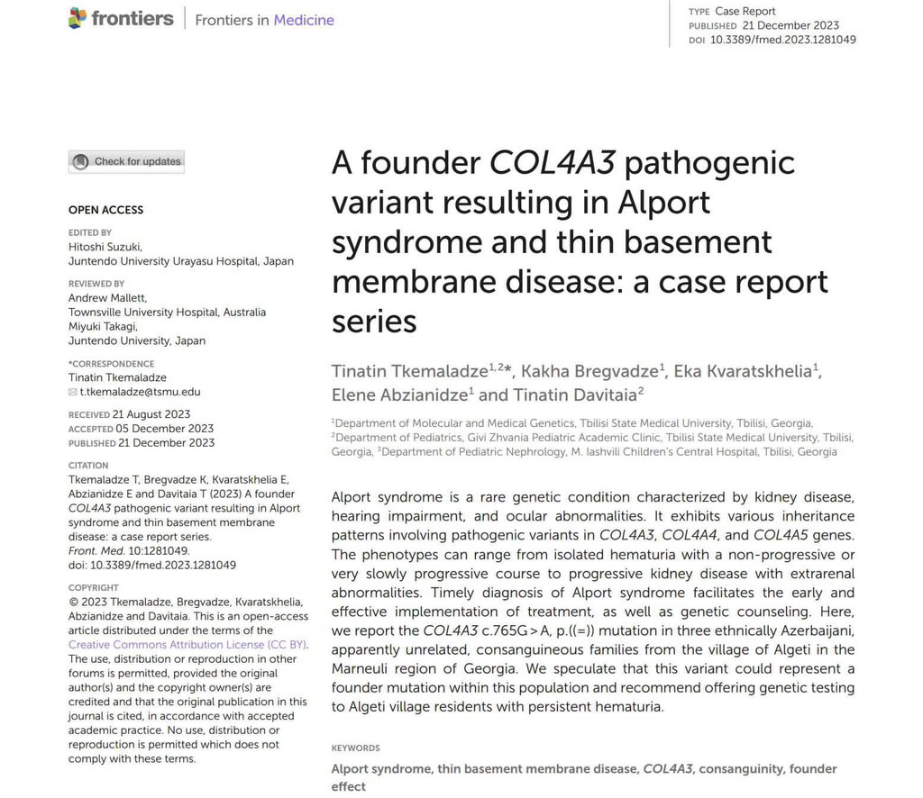 Proud to share our new publication in @FrontiersIn about founder mutation in COL4A3 gene resulting in #Alportsyndrome and #TBMD. There is so much more to dicover in Georgia's isolated sub-population with high consanguinity rate. @KakhaBregvadze @EkaKvaratskhel4 @AbzianidzeElene