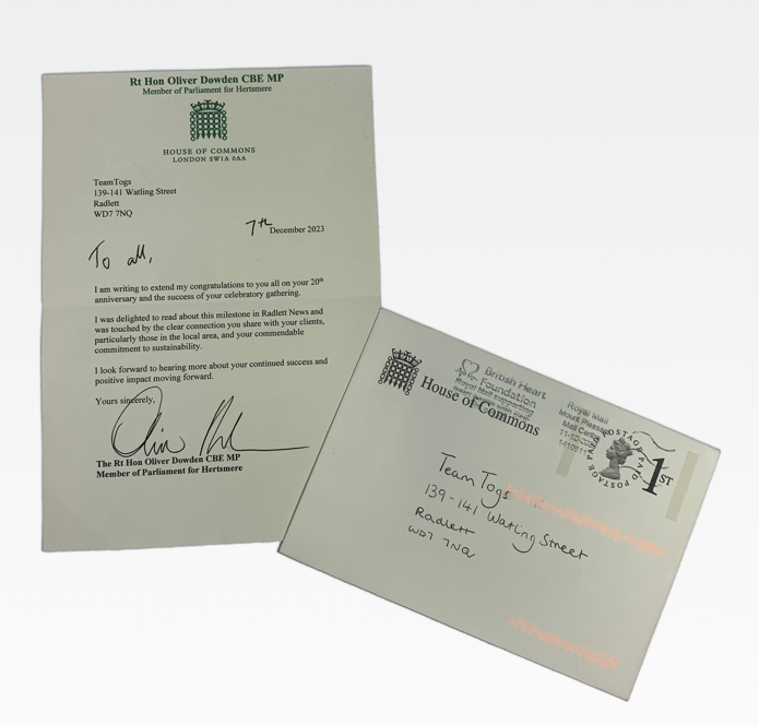TeamTogs Ltd (@teamtogs) on Twitter photo We are delighted to have received a letter from Rt Hon <a href="/OliverDowden/">Oliver Dowden</a> CBE MP and Deputy Prime Minister!
The letter acknowledges our 20th anniversary, our close relationships with our clients and our ‘commendable commitment to sustainability’.
Email us at info@team-togs.com We are delighted to have received a letter from Rt Hon <a href="/OliverDowden/">Oliver Dowden</a> CBE MP and Deputy Prime Minister!
The letter acknowledges our 20th anniversary, our close relationships with our clients and our ‘commendable commitment to sustainability’.
Email us at info@team-togs.com