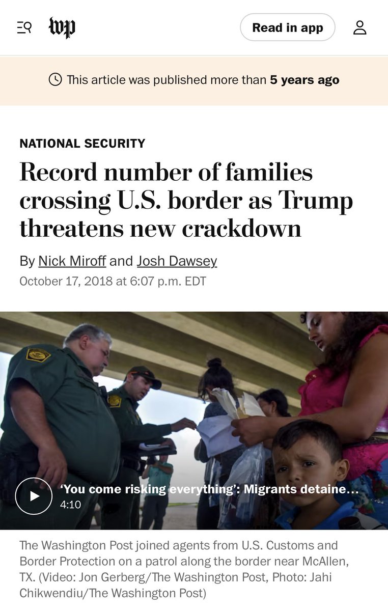 Headlines about the border. -Over 7,000-strong, the migrant caravan headed for the US pushes on -Record number of families crossing U.S. border … DATE? 2018 Did MAGA Republicans blame Trump? NO. Because Republicans aren’t interested in real solutions.