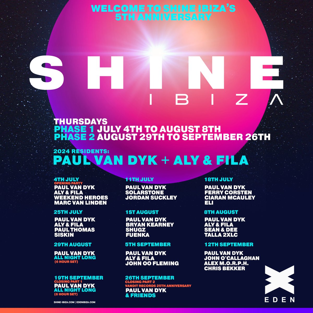 Welcome to @SHINE_Ibiza's 5th anniversary at @eden_ibiza ✨ Tickets tinyurl.com/shineibiza
