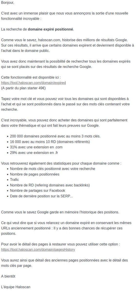 🔥🆕Recherche de domaines expirés 'positionnés' et disponibles. Tapez simplement votre mot clé et trouvez les domaines expirée disponibles à l'achat qui se sont positionnés par le passé. Fonctionnalité disponible ici : tool.haloscan.com/domain/expired