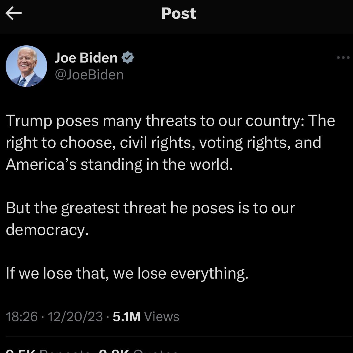 Whoever is posting on Biden’s account is legit insane. The Biden admin is the biggest threat to everything listed below