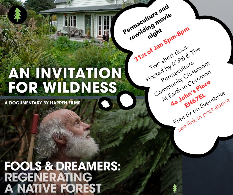 Join us for a cosy film night about sustainable rewilding &amp; permaculture. Hosted by RSPB, The Permaculture Community Classroom, &amp; Earth in Common.

eventbrite.com/e/780751086517…

31st Jan 5pm-8pm, two short docs &amp; soup &amp; popcorn!
#Earthincommon
#RSPB
#Thepermaculturecommunityclassroom