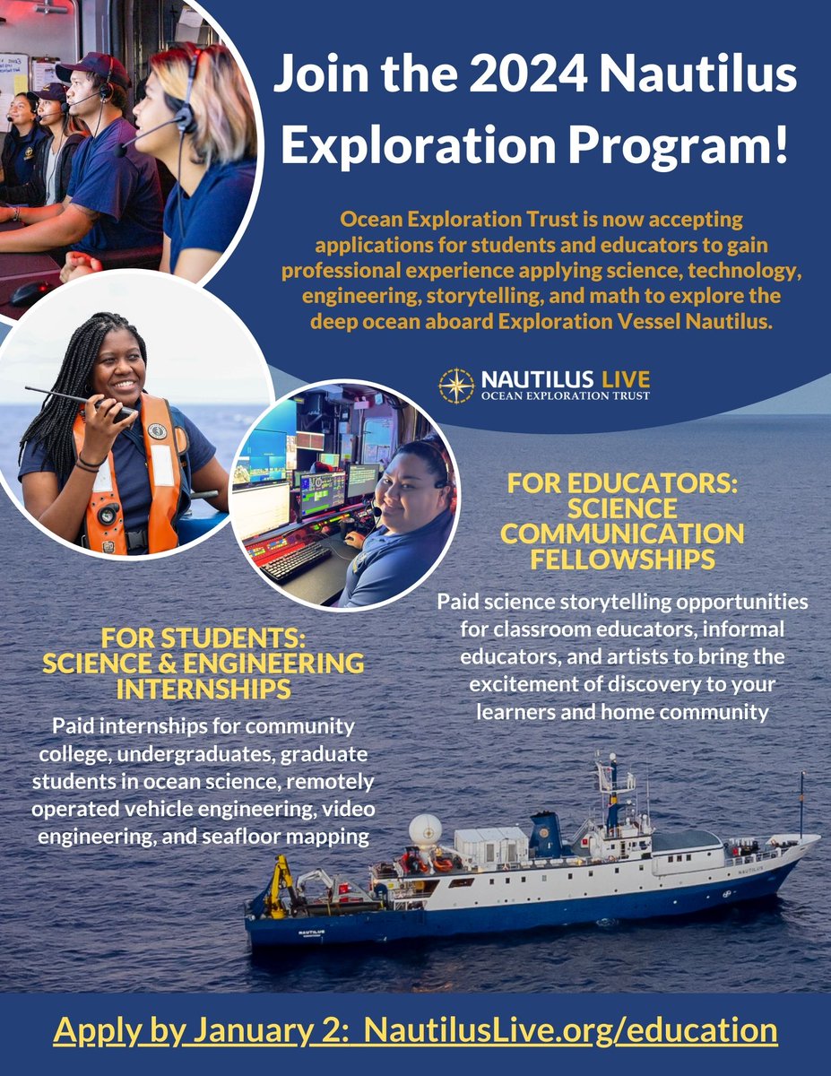 Only 2 weeks left to apply! Are you someone with a passion for discovery? Now is your chance to join the 2024 #NautilusExplorationProgram! These #paidinternships are at-sea 3-4 week opportunities available across the 2024 expedition season. nautiluslive.org/education