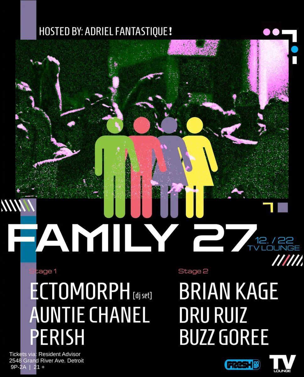 Ectomorph is DJing this Friday at one of Detroit's longest running institutions in our underground community — Family 27, hosted by Aidriel Fantastique. Happening at TV Lounge, super excited to play with the chosen Family DJs. Hivemind wormhole incoming. 
ra.co/events/1815104