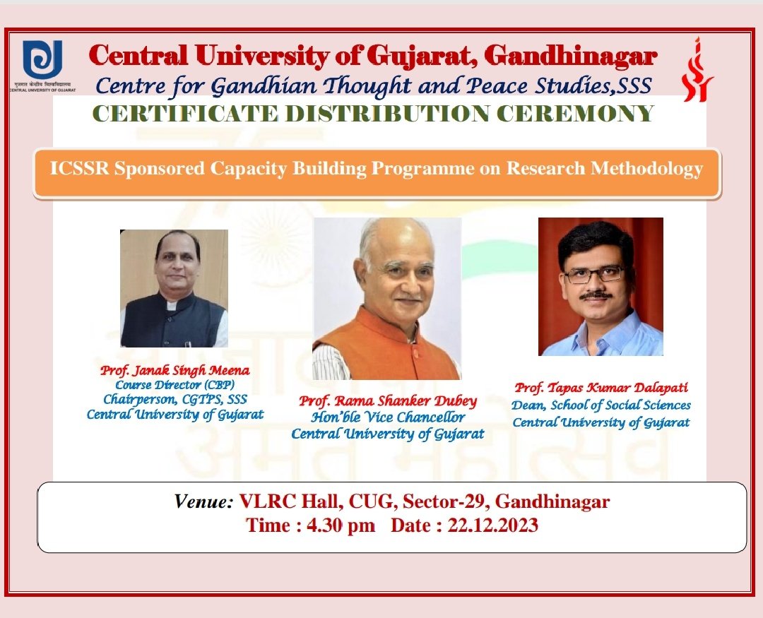 PROCUG1's tweet image. Exciting News!
The ICSSR-sponsored 10-day Capacity Building Program concludes tomorrow. Join us for the Certificate Distribution Ceremony as Hon'ble Vice-Chancellor Prof. Rama Shanker Dubey presides over this momentous event. 
#CUG #CapacityBuildingProgram