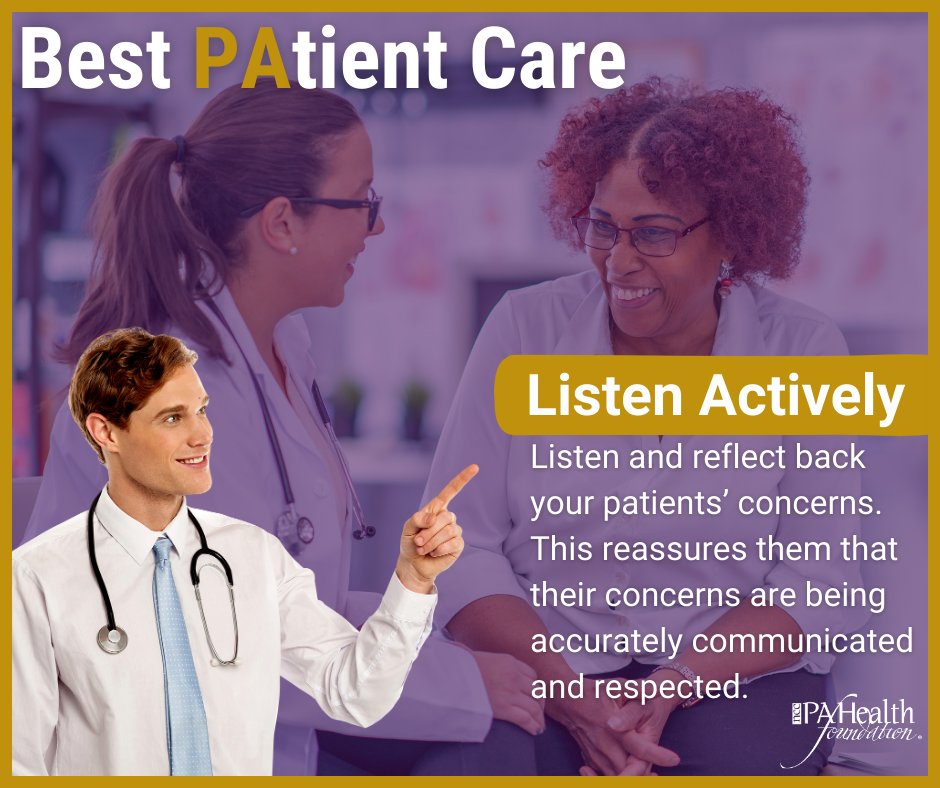 #BestPAtientCare Tip of the Month: #ActiveListening is essential for patient care.  #Listen to #Learn.  Find patient care resources in our online resource center: bit.ly/41yffEa 

#PAsDoThat #CertifiedPA #PAStudent #PAEducator #Ethics #ProfessionalPractice #PAtientCare