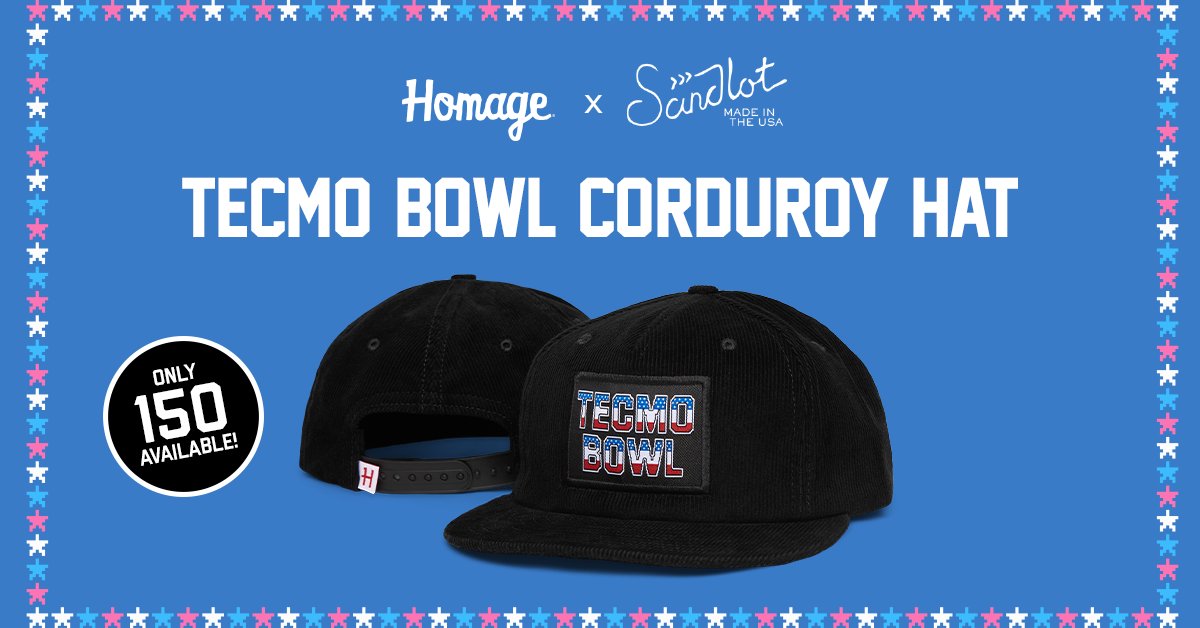 HOMAGE (@homage) on Twitter photo Our exclusive collab with <a href="/sandlotgoods/">Sandlot Goods</a> is here! Limited edition Tecmo Bowl corduroy hats.
These expertly crafted hats are limited to only 150, so get yours before it's too late. homa.ge/TecmoHat 🕹️⏳ Our exclusive collab with <a href="/sandlotgoods/">Sandlot Goods</a> is here! Limited edition Tecmo Bowl corduroy hats.
These expertly crafted hats are limited to only 150, so get yours before it's too late. homa.ge/TecmoHat 🕹️⏳