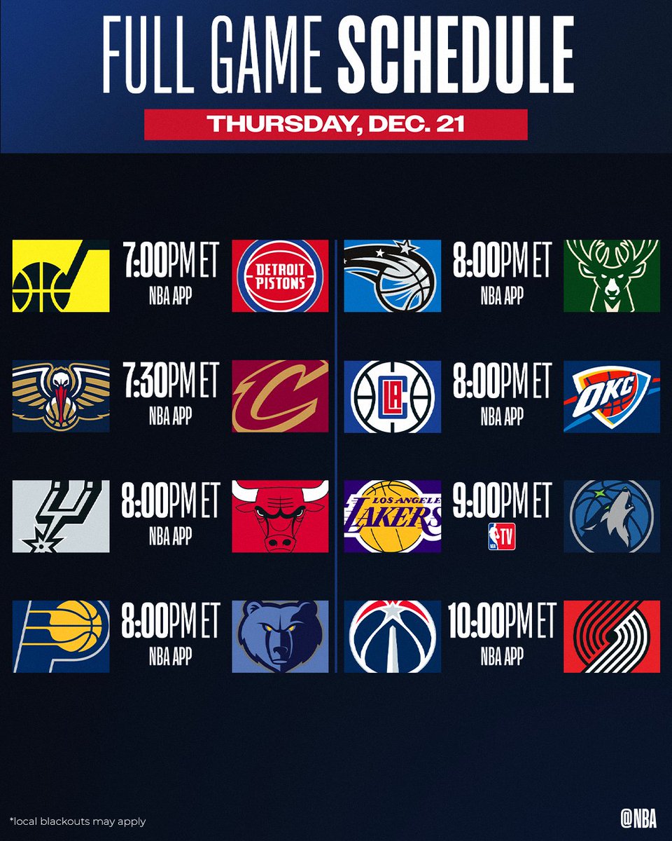 NBA's tweet photo. Thursday night hoops!

▪️ #2 vs. #4 in each conference as ORL and LAC visit MIL and OKC
▪️ LAC seeks 10 STRAIGHT WINS
▪️ Ant, West-leading MIN host LeBron, LAL

📺 NBA TV, NBA App 
📲 https://t.co/j7XaSJX9DR https://t.co/OanDICss08