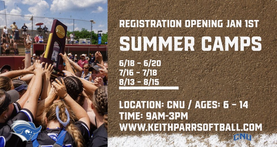 Save the date(s)! Our summer camps at CNU will soon be open for registration! We can’t wait for some softball fun!