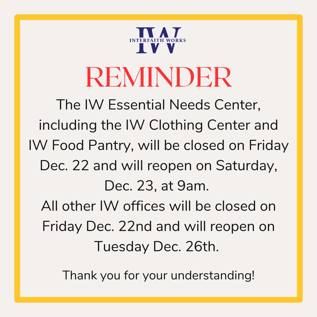 Happy Holidays everyone! Please be aware of the upcoming IW site closures.