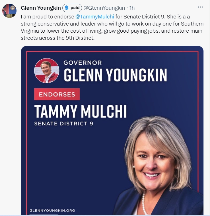One MAGA cultist (Glenn Youngkin/Trumpkin) endorses another MAGA cultist (Tammy Mulchi). SD9 voters should all take a hard pass. bluevirginia.us/2023/12/thursd…