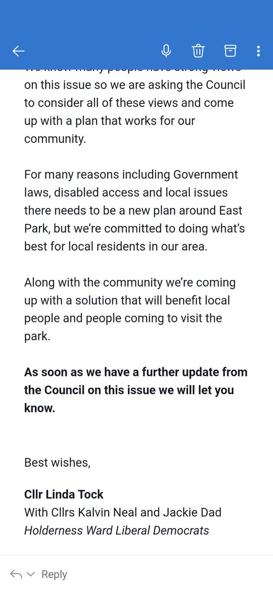 @maiori555 I have just received the email attached from Cllr. Linda Tock.  I would be interested to know if any local residents were consulted on this issue and if so how was this done?  I live adjacent to the park and neither myself or immediate neighbours received any